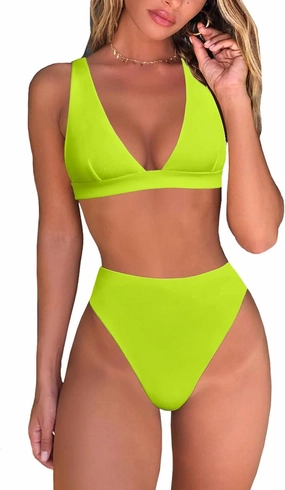 Womens High Waisted Thong Bikini Sets Sexy Brazilian Triangle Top Deep V Neck Two Piece Swimsuit Bathing Suits