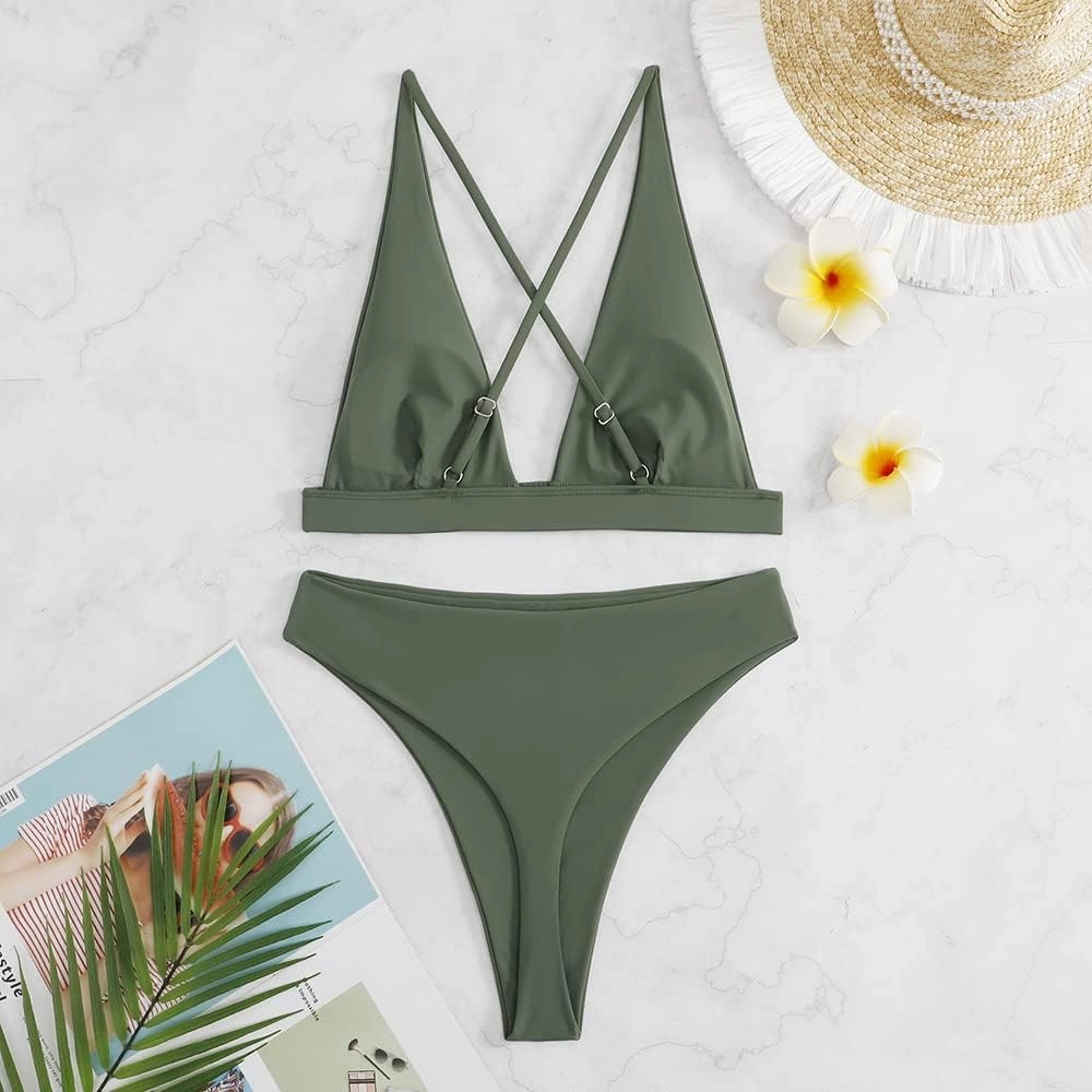 Womens High Waisted Thong Bikini Sets Sexy Brazilian Triangle Top Deep V Neck Two Piece Swimsuit Bathing Suits
