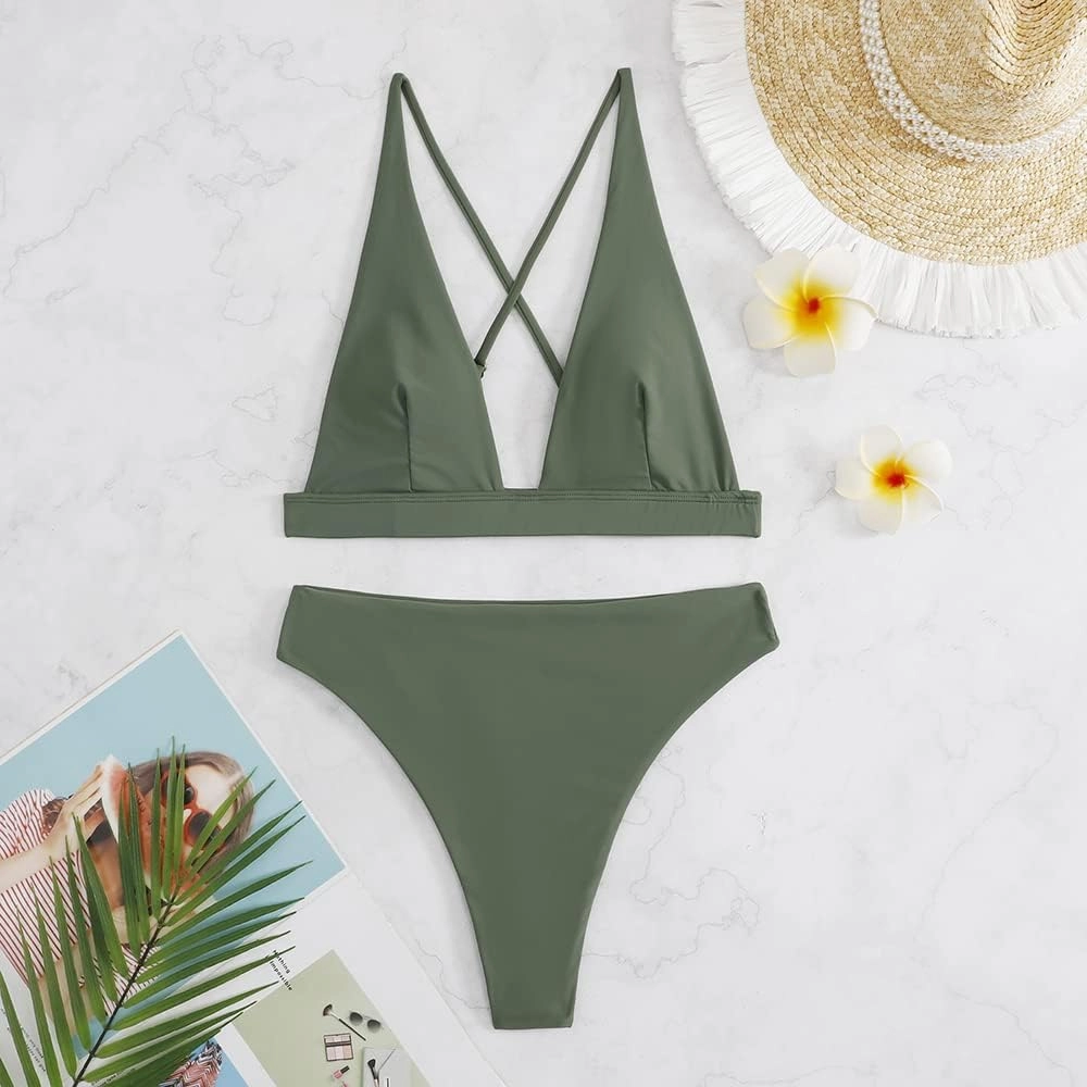 Womens High Waisted Thong Bikini Sets Sexy Brazilian Triangle Top Deep V Neck Two Piece Swimsuit Bathing Suits