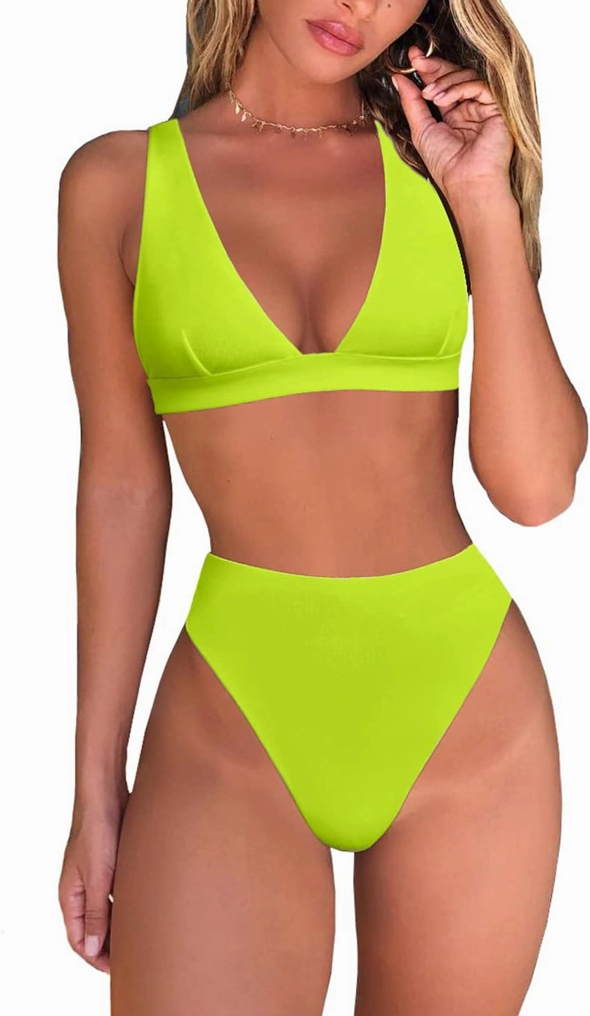 Womens High Waisted Thong Bikini Sets Sexy Brazilian Triangle Top Deep V Neck Two Piece Swimsuit Bathing Suits