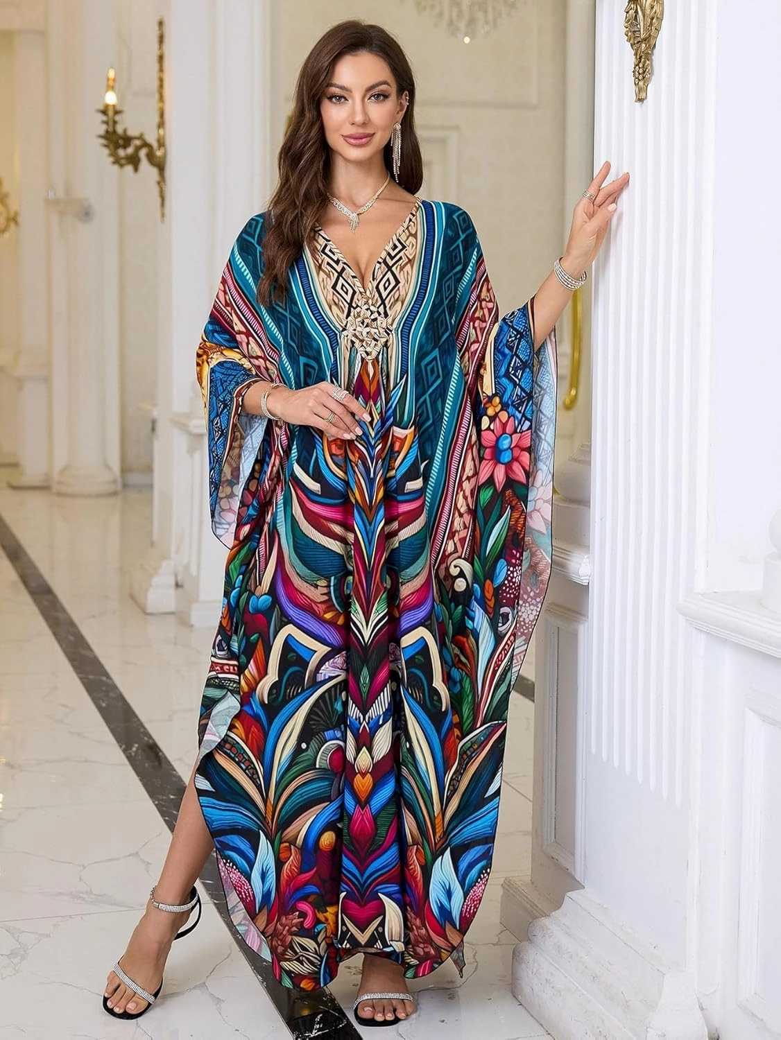 Womens Kaftan Beach Cover Up Dress Plus Size Summer Swimsuit Loungewear Maxi Dress