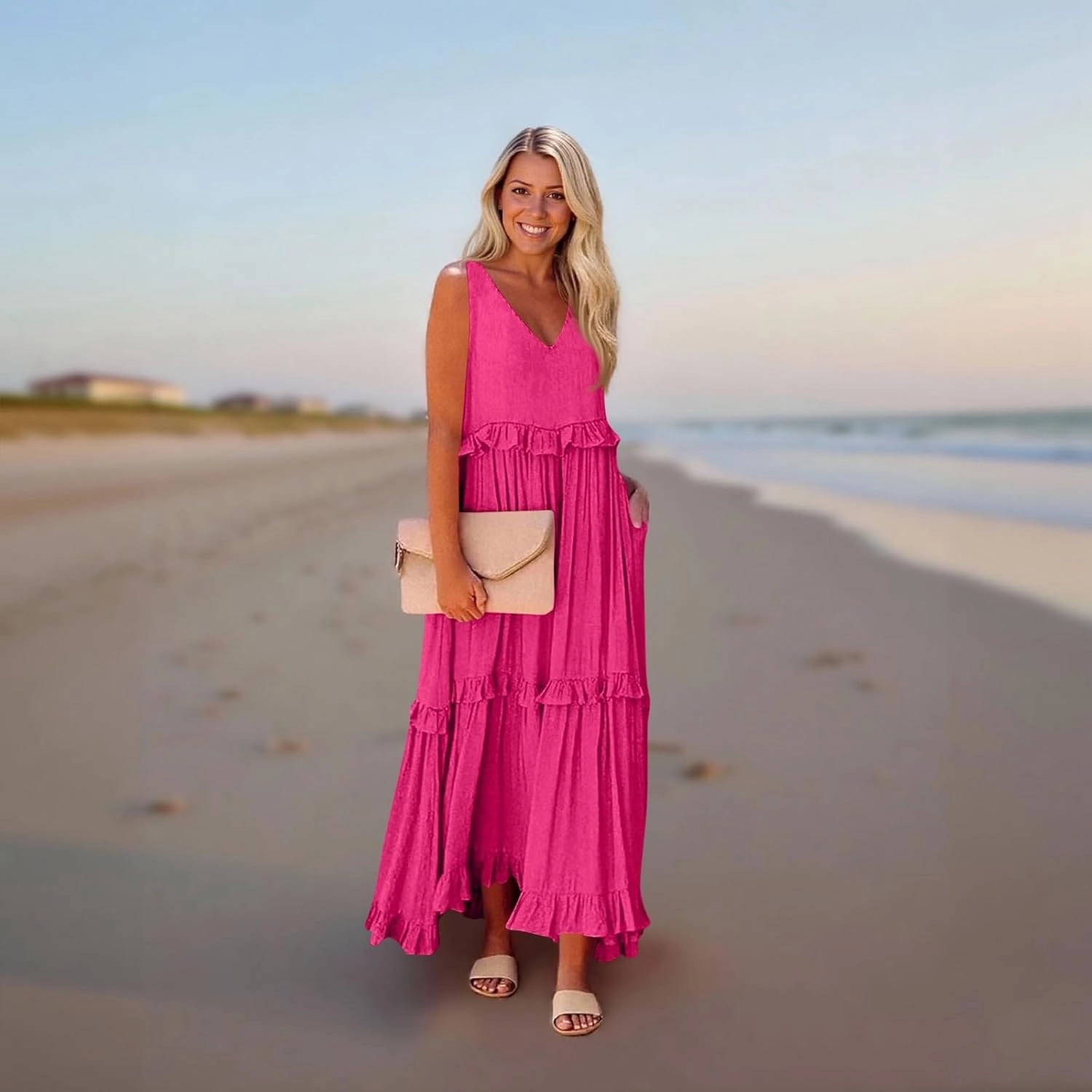 Womens Maxi Dress Sleeveless Sexy Tiered Flowy Summer Tank Dresses Loose Smocked Ruffle Swing Beach Long Sundress
