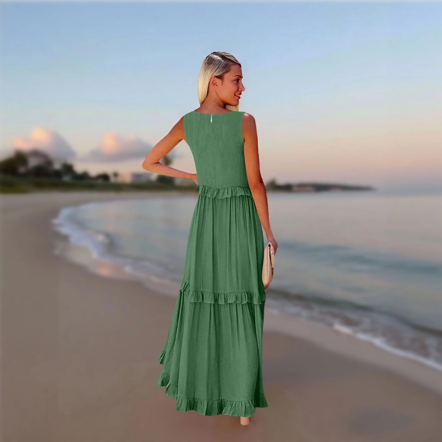Womens Maxi Dress Sleeveless Sexy Tiered Flowy Summer Tank Dresses Loose Smocked Ruffle Swing Beach Long Sundress