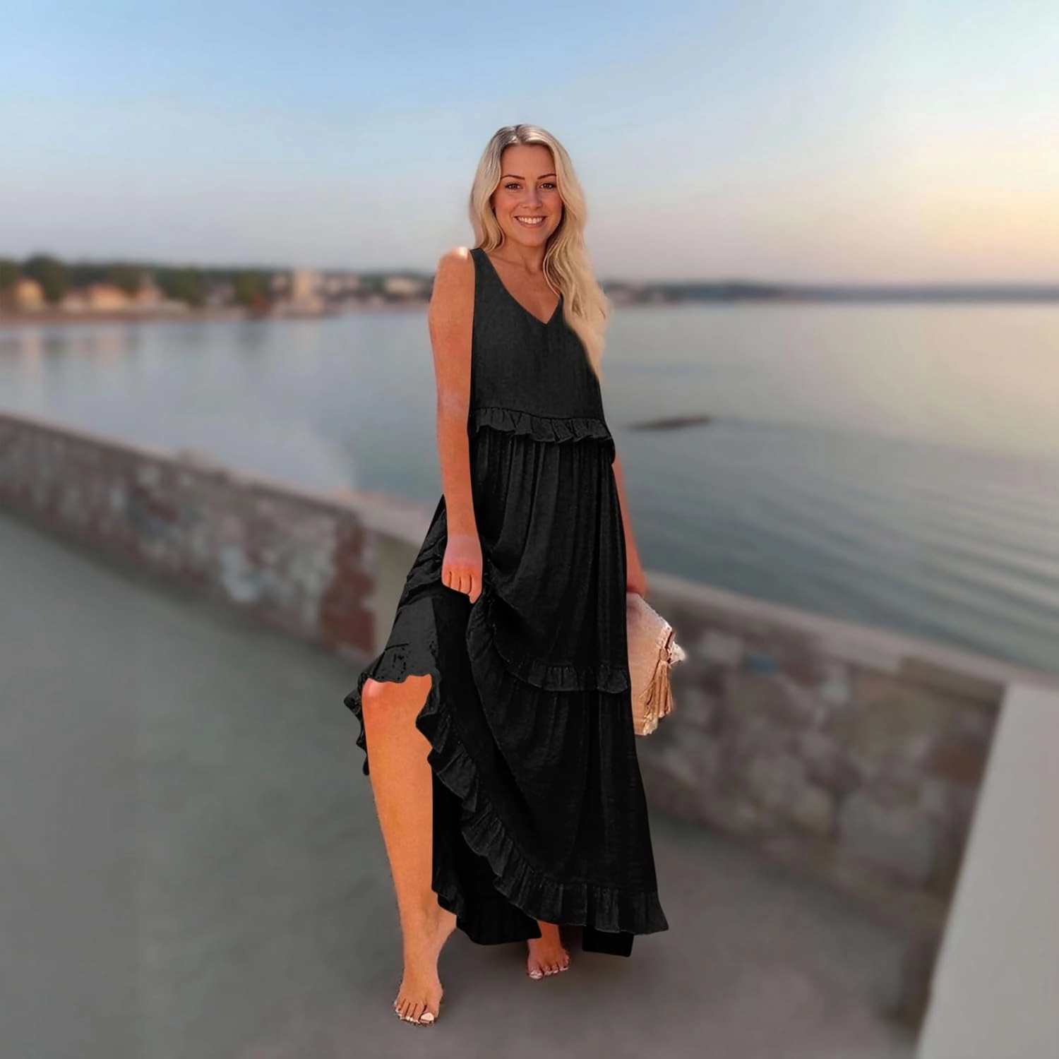 Womens Maxi Dress Sleeveless Sexy Tiered Flowy Summer Tank Dresses Loose Smocked Ruffle Swing Beach Long Sundress
