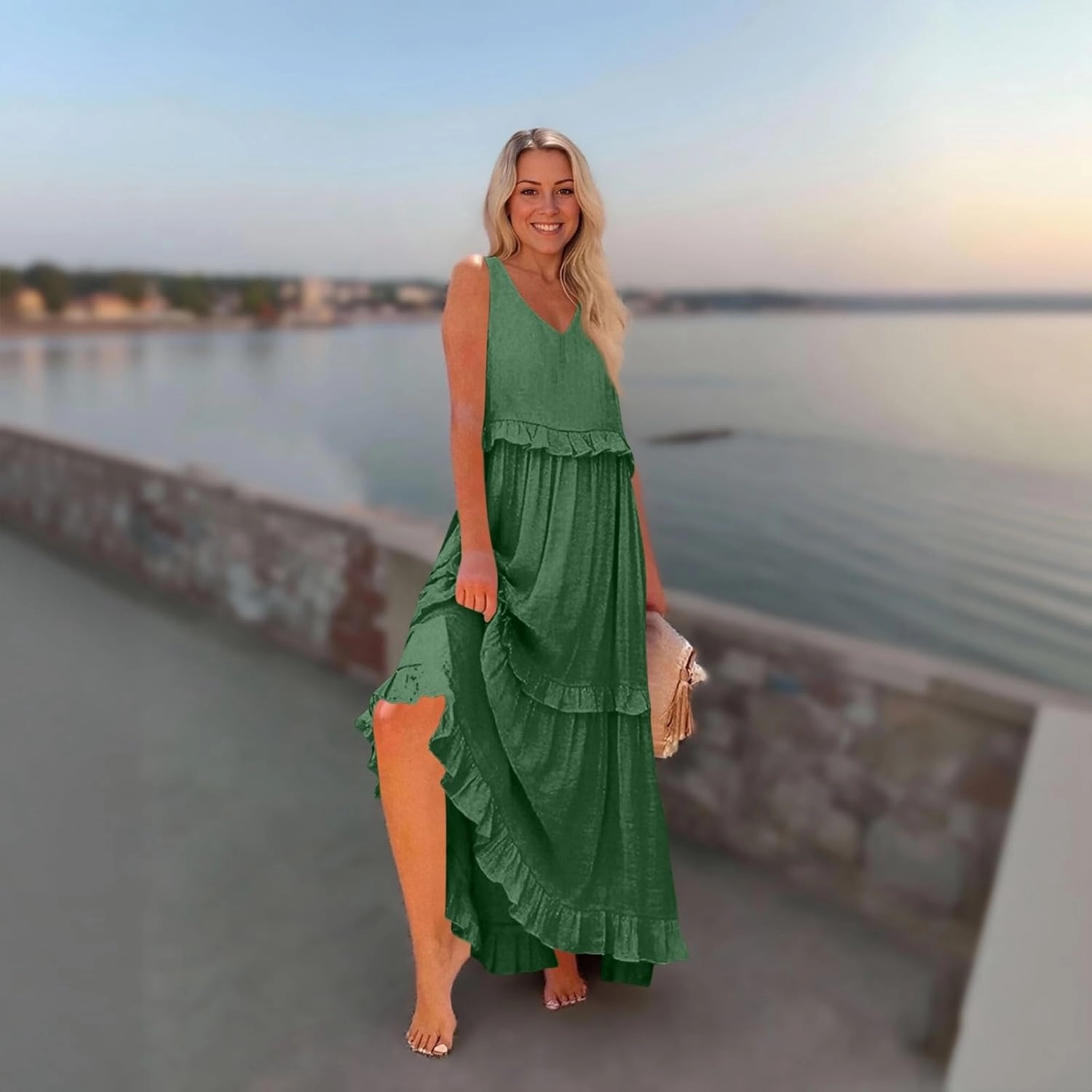Womens Maxi Dress Sleeveless Sexy Tiered Flowy Summer Tank Dresses Loose Smocked Ruffle Swing Beach Long Sundress