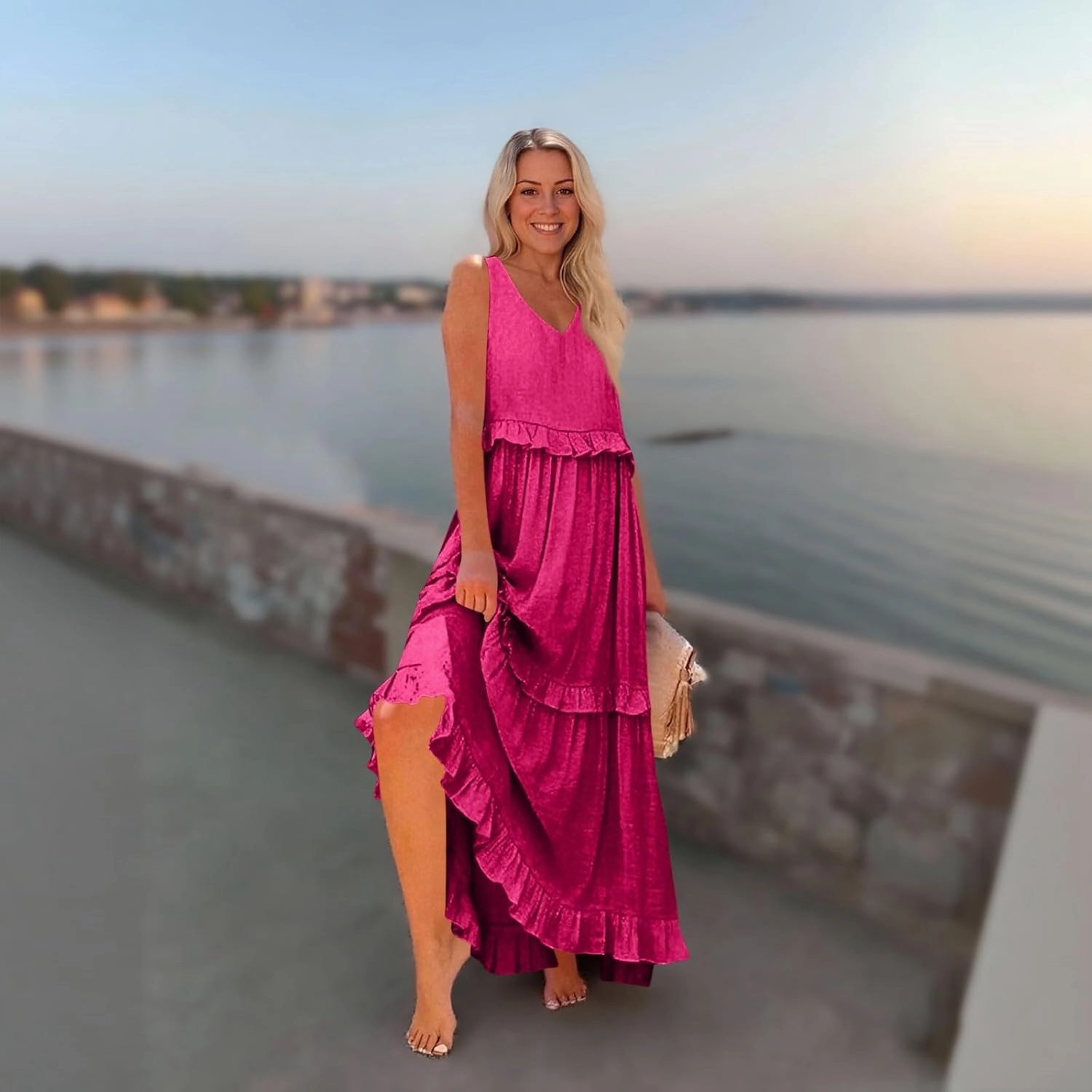 Womens Maxi Dress Sleeveless Sexy Tiered Flowy Summer Tank Dresses Loose Smocked Ruffle Swing Beach Long Sundress
