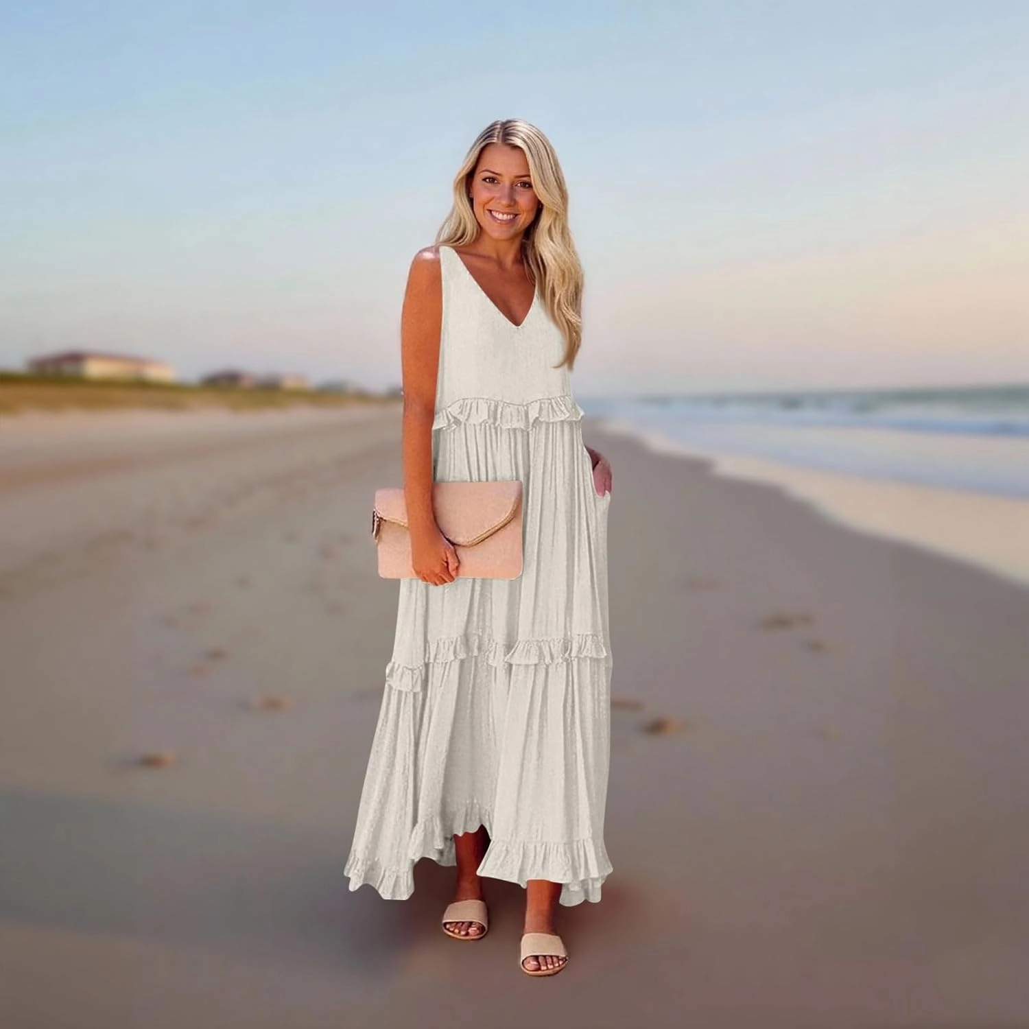 Womens Maxi Dress Sleeveless Sexy Tiered Flowy Summer Tank Dresses Loose Smocked Ruffle Swing Beach Long Sundress