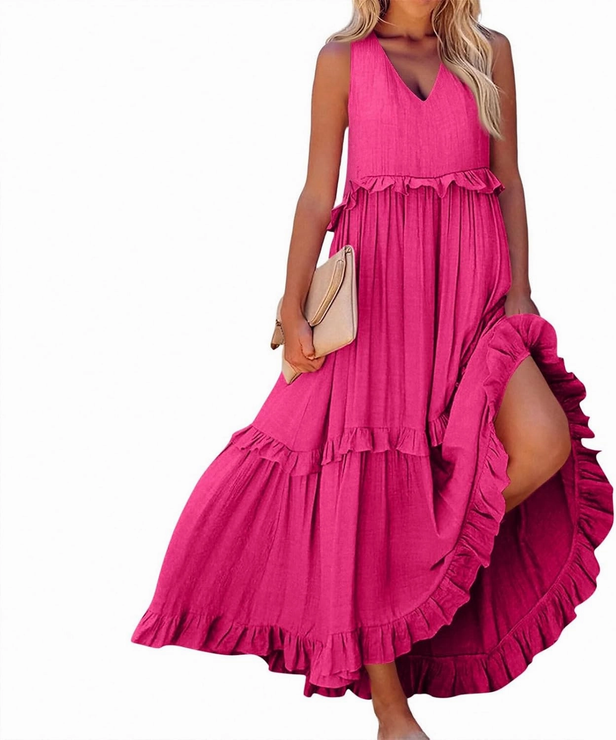 Womens Maxi Dress Sleeveless Sexy Tiered Flowy Summer Tank Dresses Loose Smocked Ruffle Swing Beach Long Sundress
