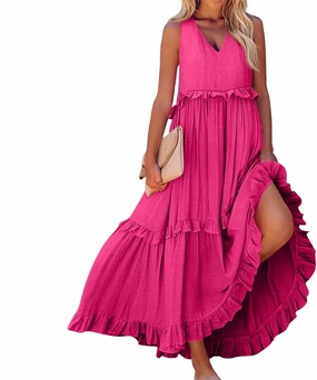 Womens Maxi Dress Sleeveless Sexy Tiered Flowy Summer Tank Dresses Loose Smocked Ruffle Swing Beach Long Sundress