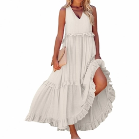 Womens Maxi Dress Sleeveless Sexy Tiered Flowy Summer Tank Dresses Loose Smocked Ruffle Swing Beach Long Sundress