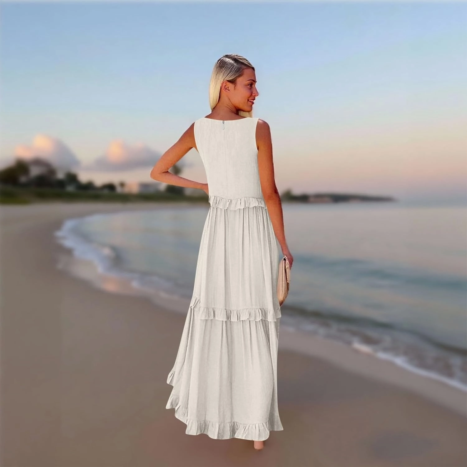 Womens Maxi Dress Sleeveless Sexy Tiered Flowy Summer Tank Dresses Loose Smocked Ruffle Swing Beach Long Sundress