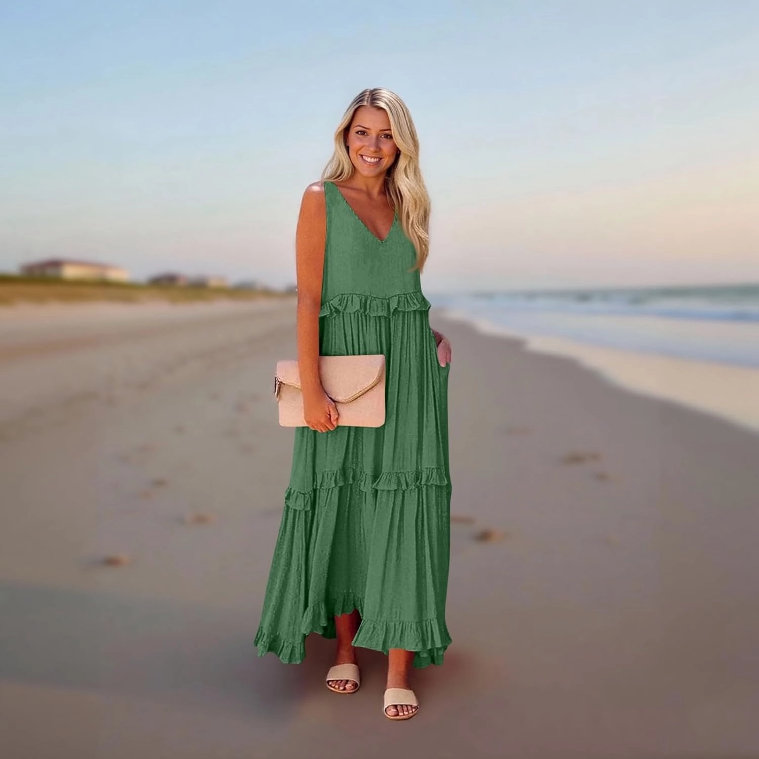 Womens Maxi Dress Sleeveless Sexy Tiered Flowy Summer Tank Dresses Loose Smocked Ruffle Swing Beach Long Sundress