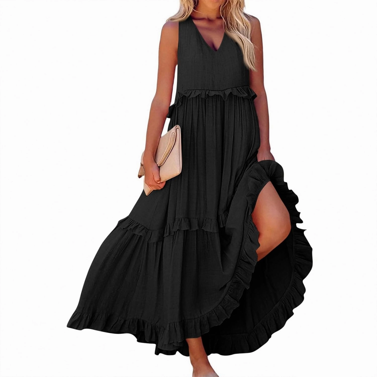 Womens Maxi Dress Sleeveless Sexy Tiered Flowy Summer Tank Dresses Loose Smocked Ruffle Swing Beach Long Sundress