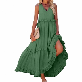 Womens Maxi Dress Sleeveless Sexy Tiered Flowy Summer Tank Dresses Loose Smocked Ruffle Swing Beach Long Sundress