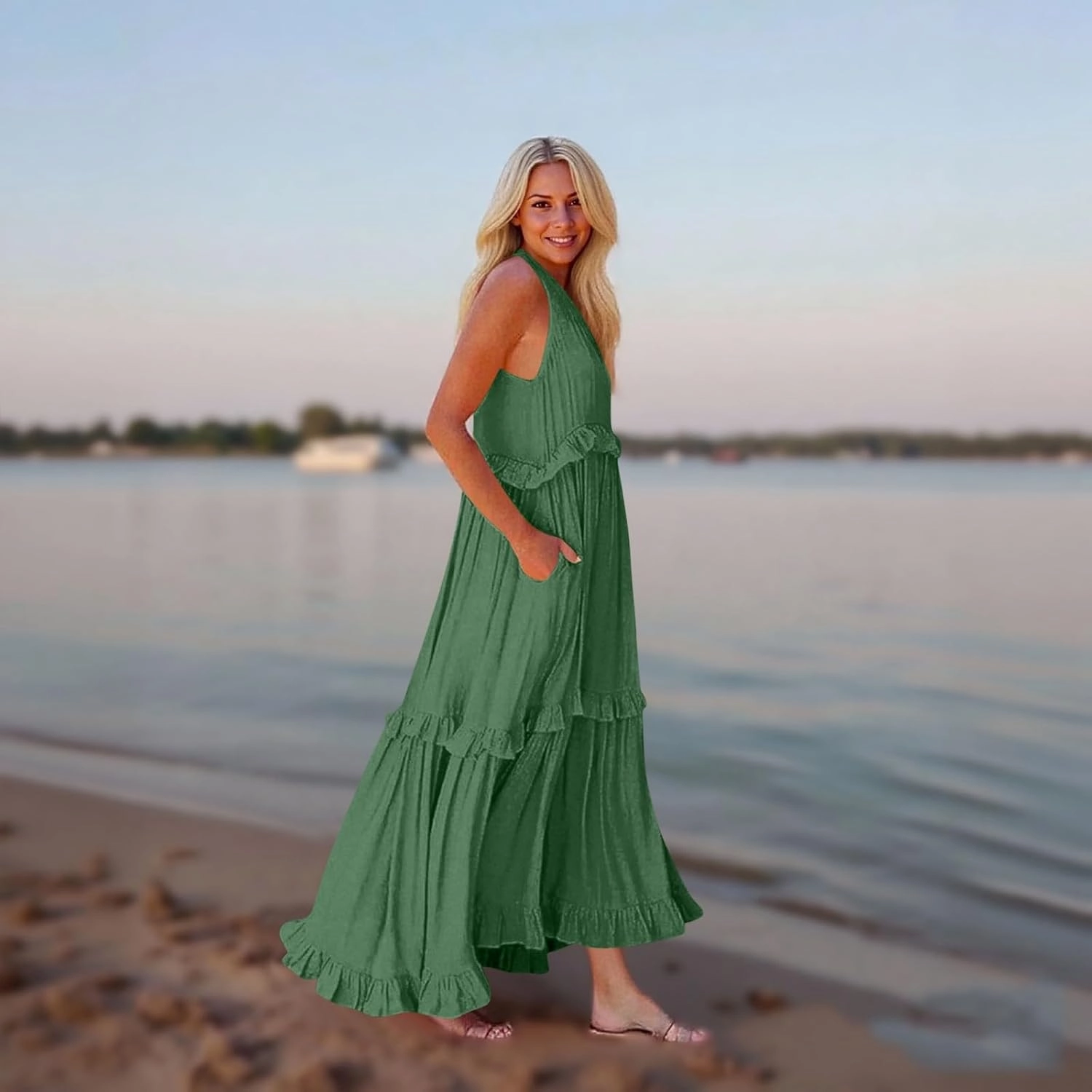 Womens Maxi Dress Sleeveless Sexy Tiered Flowy Summer Tank Dresses Loose Smocked Ruffle Swing Beach Long Sundress
