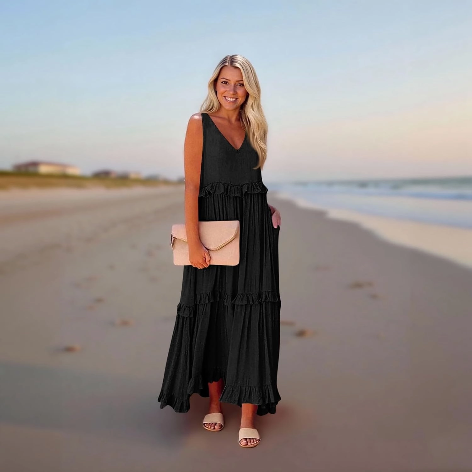 Womens Maxi Dress Sleeveless Sexy Tiered Flowy Summer Tank Dresses Loose Smocked Ruffle Swing Beach Long Sundress