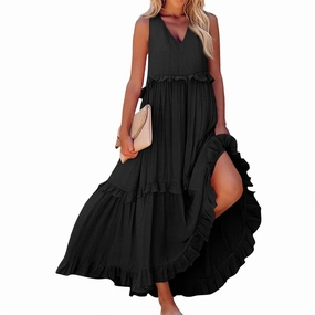 Womens Maxi Dress Sleeveless Sexy Tiered Flowy Summer Tank Dresses Loose Smocked Ruffle Swing Beach Long Sundress