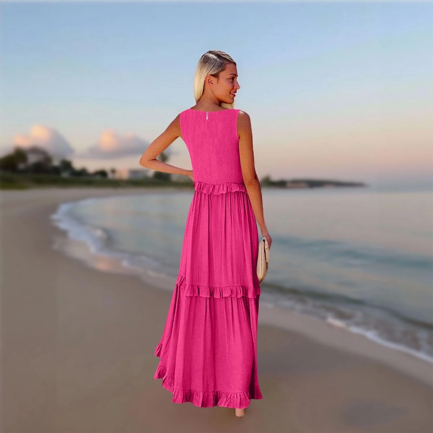 Womens Maxi Dress Sleeveless Sexy Tiered Flowy Summer Tank Dresses Loose Smocked Ruffle Swing Beach Long Sundress