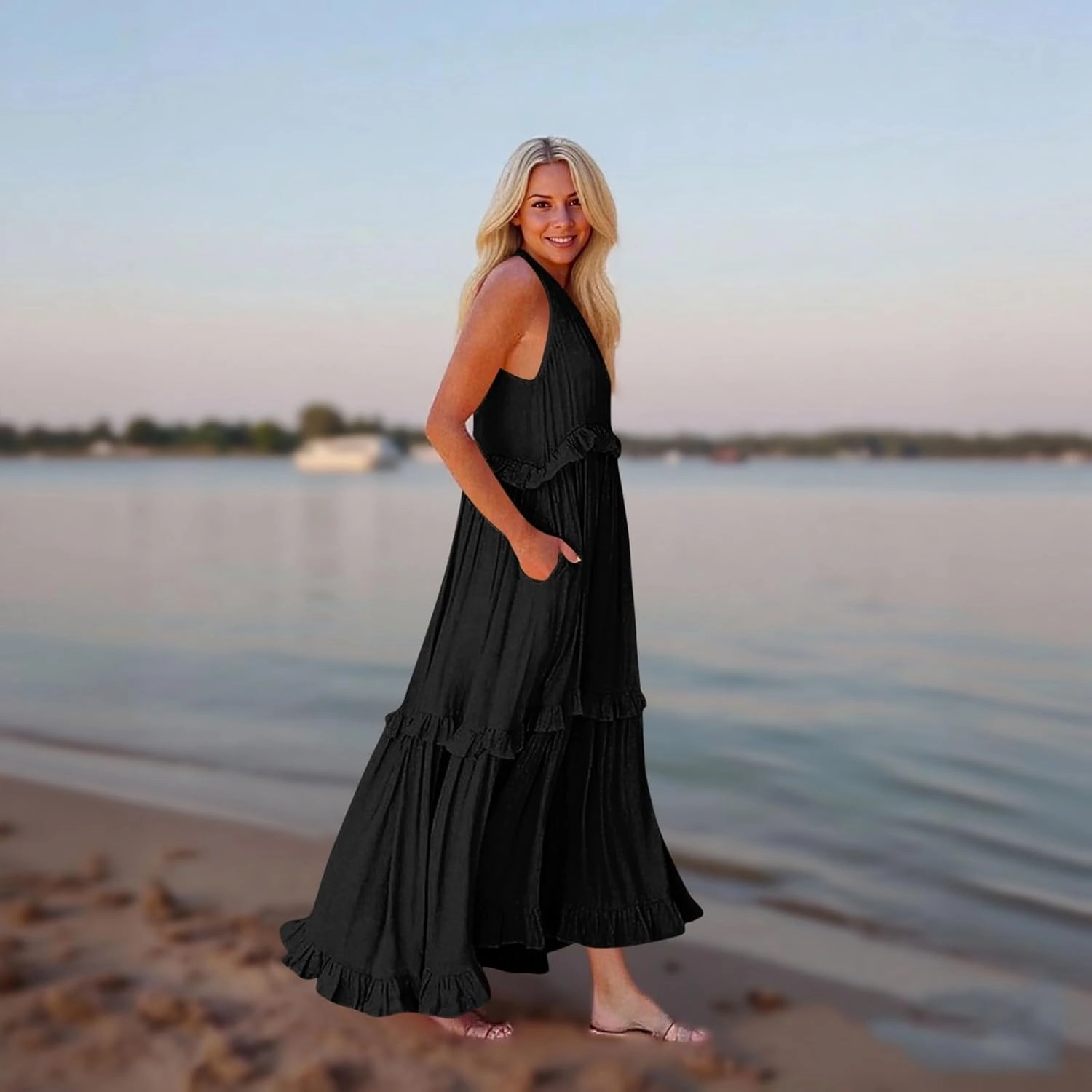 Womens Maxi Dress Sleeveless Sexy Tiered Flowy Summer Tank Dresses Loose Smocked Ruffle Swing Beach Long Sundress