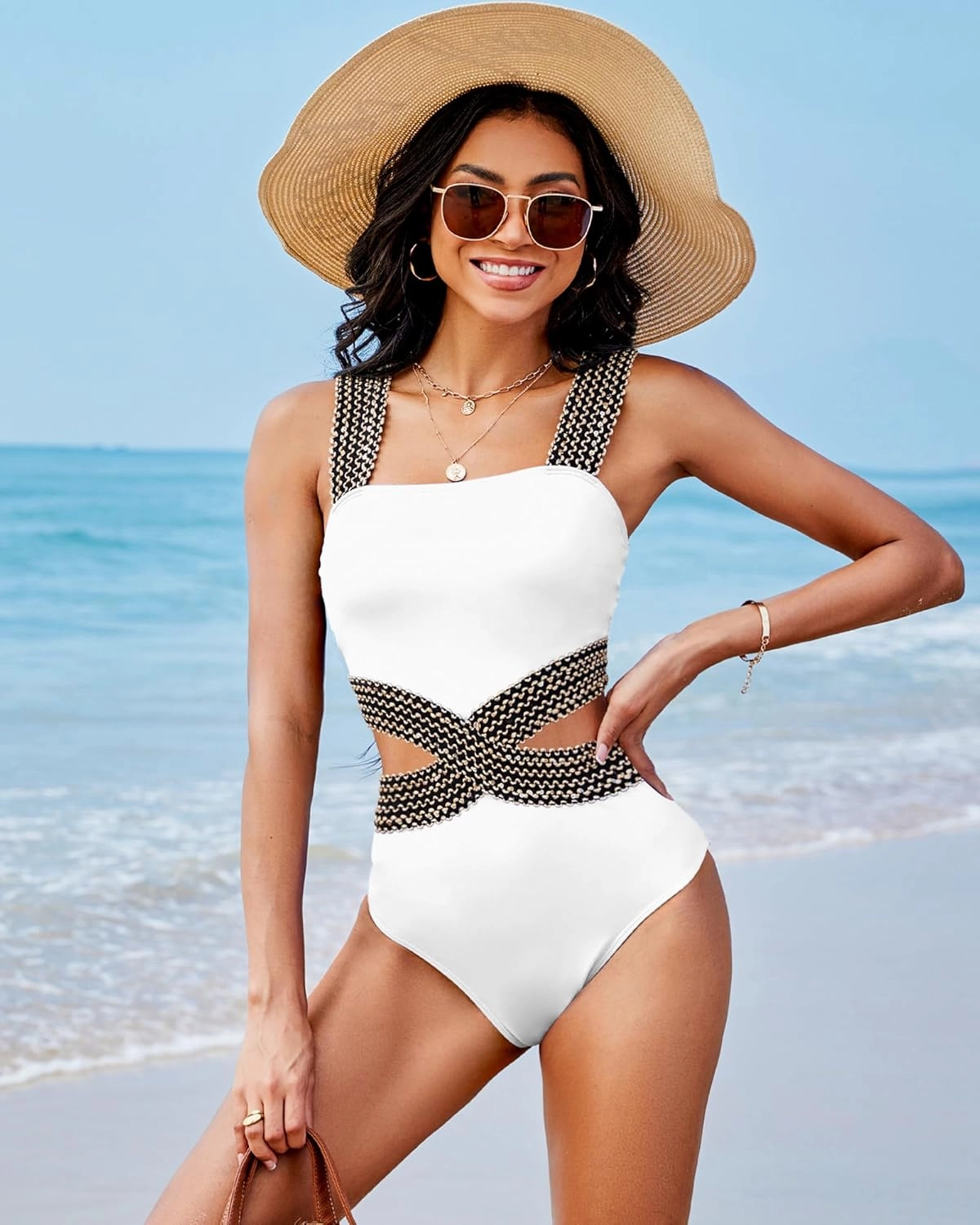 Womens One Piece Tummy Control Swimsuit Modest High Waisted Bathing Suit Color Block Bandeau Monokini Sexy Cutout