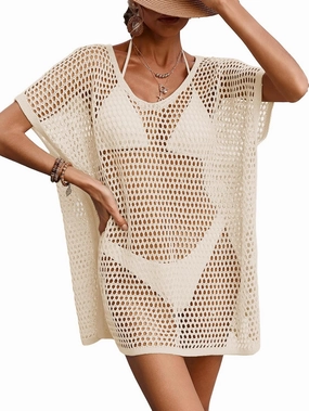 Womens Oversized Crochet Beach Dresses Summer 2025 Scoop Neck Cap Sleeve Bathing Suit Cover Up Mini Dress