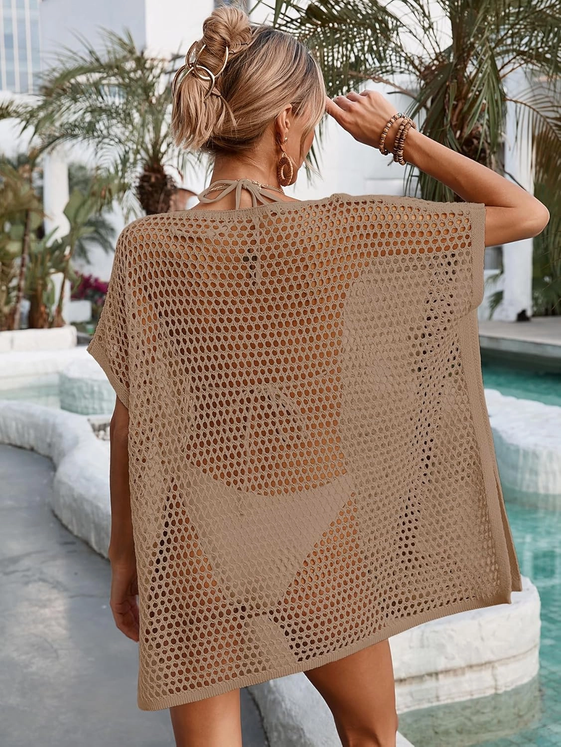 Womens Oversized Crochet Beach Dresses Summer 2025 Scoop Neck Cap Sleeve Bathing Suit Cover Up Mini Dress