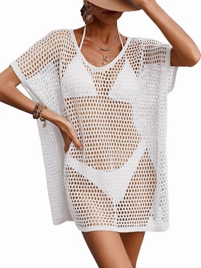 Womens Oversized Crochet Beach Dresses Summer 2025 Scoop Neck Cap Sleeve Bathing Suit Cover Up Mini Dress