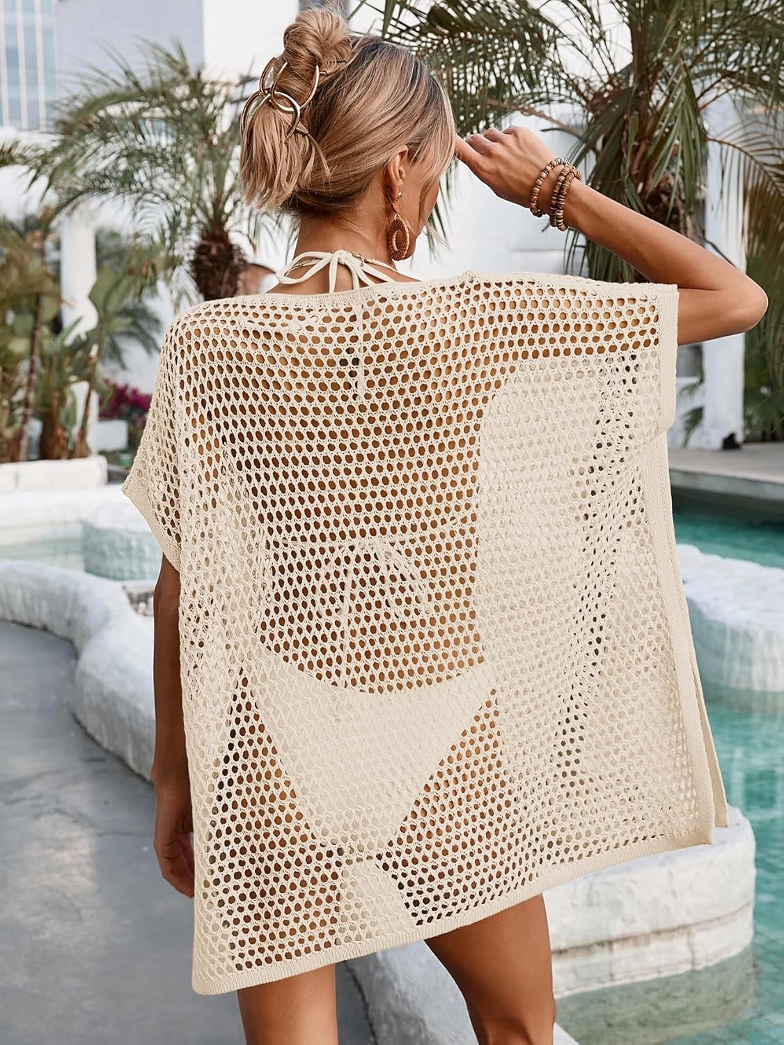 Womens Oversized Crochet Beach Dresses Summer 2025 Scoop Neck Cap Sleeve Bathing Suit Cover Up Mini Dress