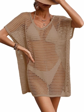 Womens Oversized Crochet Beach Dresses Summer 2025 Scoop Neck Cap Sleeve Bathing Suit Cover Up Mini Dress