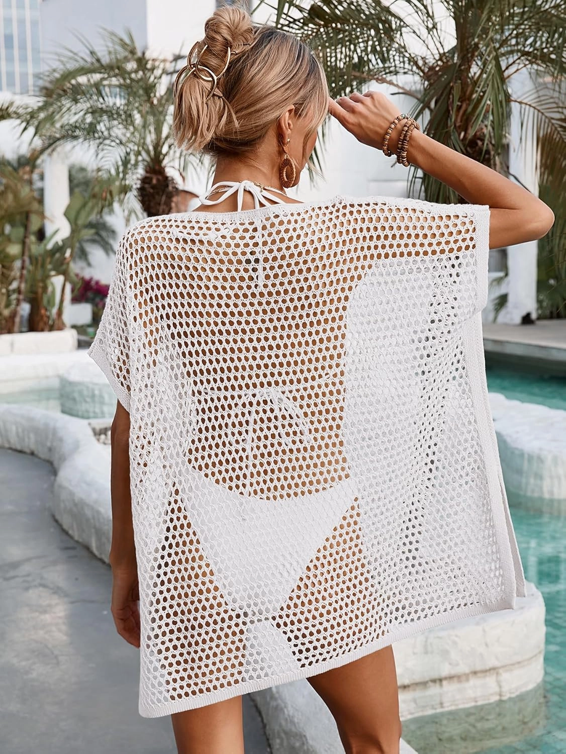 Womens Oversized Crochet Beach Dresses Summer 2025 Scoop Neck Cap Sleeve Bathing Suit Cover Up Mini Dress