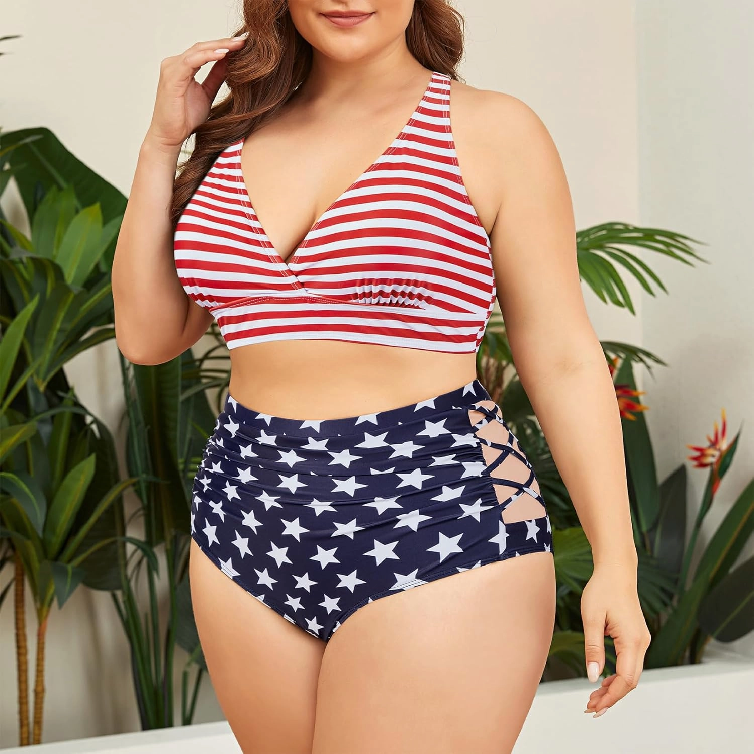 Womens Plus Size Bikini Tummy Control Swimsuits Two Piece Bathing Suits High Waisted Swimwear