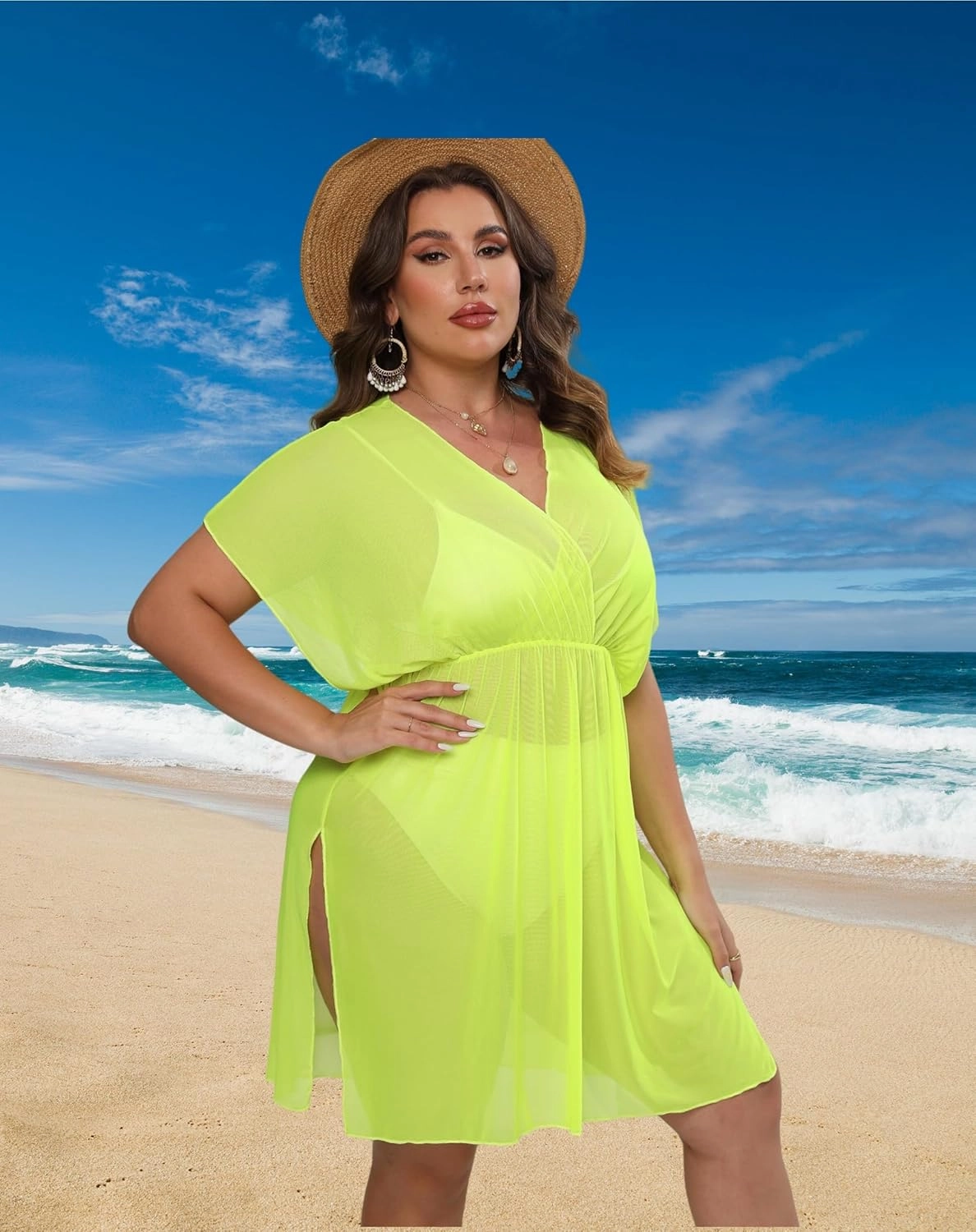 Womens Plus Size Swimsuit Cover Up Sexy Deep V Neck Elastic Waist Beach Bikini Bathing Suit Swimwear Cover Ups Dress