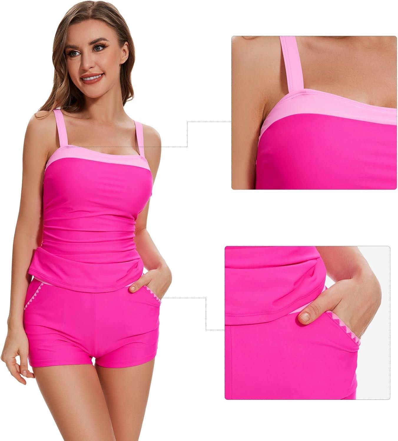 Womens Tankini Swimsuits Retro Two Piece Tummy Control Bathing Suit Color Block Slim Swimwear with Shorts