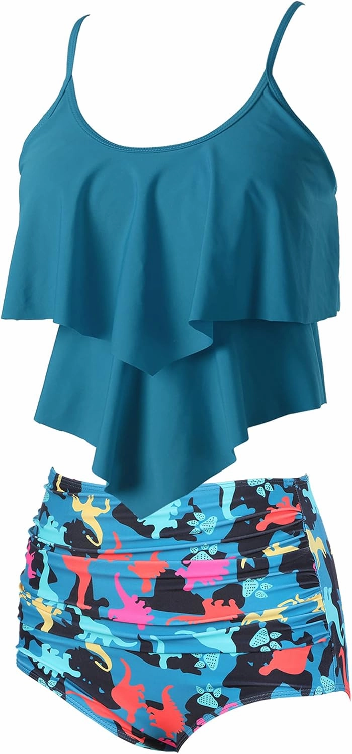 Womens Tankini Swimsuits Ruffled Tank Top Tummy Control Floral Modest Swimwear High Waisted Bikini