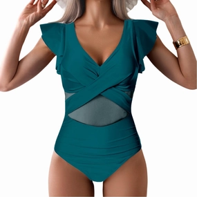 YaShaer Women's One Piece Swimsuit Bathing Suit Retro Ruffled V Neck Bathing Suits Tummy Control Swimwear