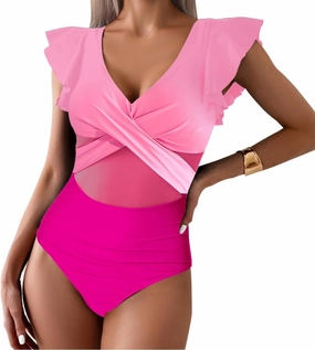 YaShaer Women's One Piece Swimsuit Bathing Suit Retro Ruffled V Neck Bathing Suits Tummy Control Swimwear