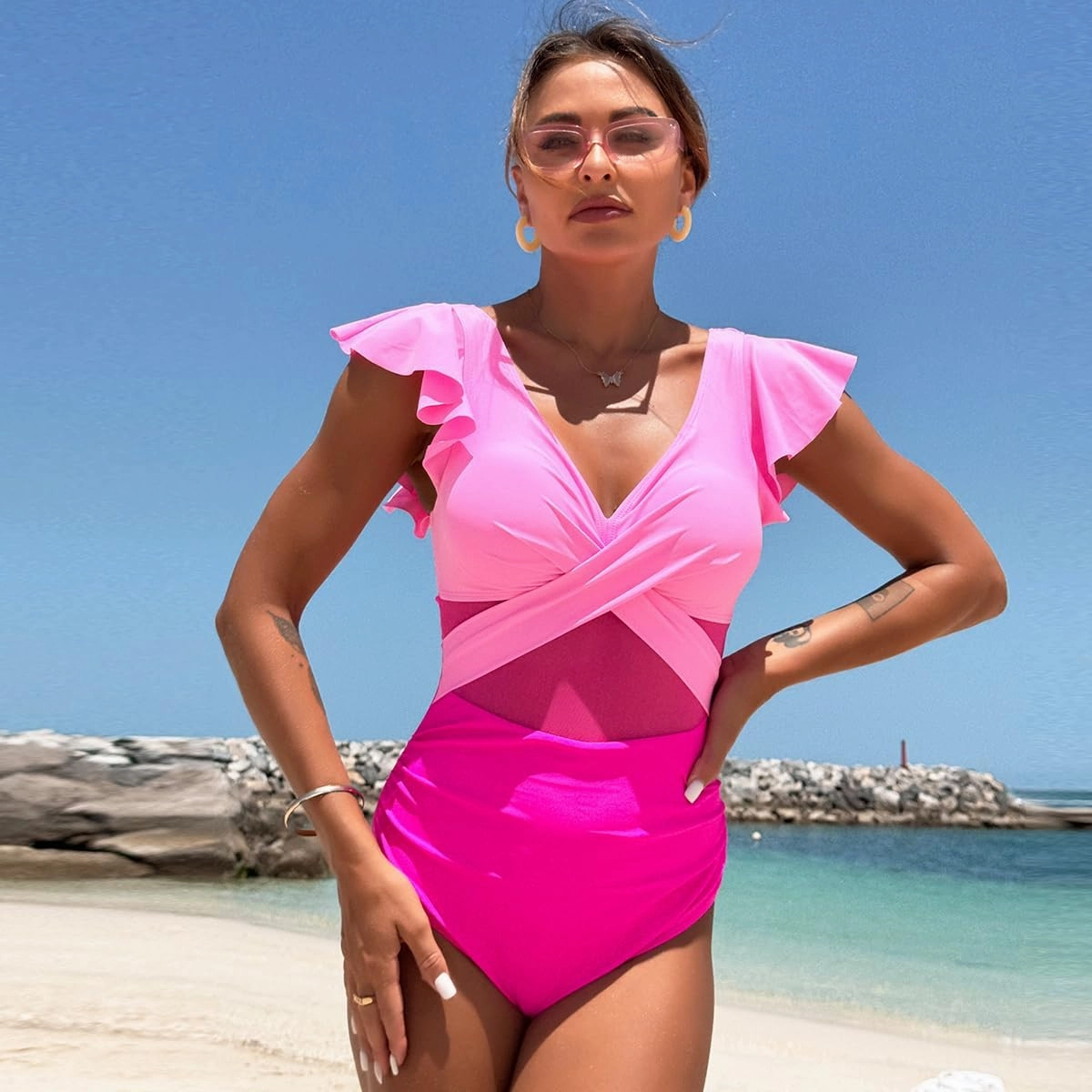 YaShaer Women's One Piece Swimsuit Bathing Suit Retro Ruffled V Neck Bathing Suits Tummy Control Swimwear