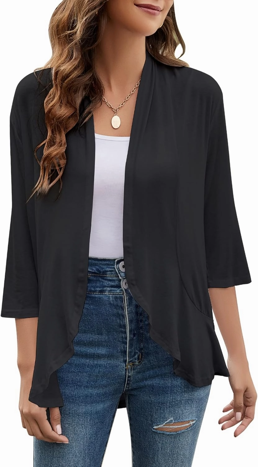 Yekaty Women Cardigan 3/4 Sleeves Open Front Lightweight Cardigan Draped Ruffles Knit Cardigan