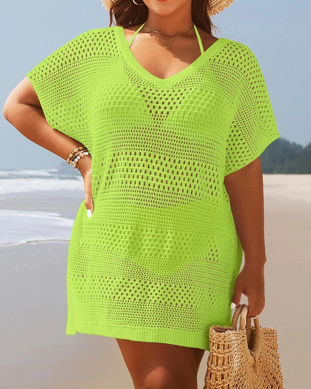 Yonique Plus Size Swimsuit Cover Up - Crochet Swim Cover Up 2025 Bathing Suit Short Sleeve Beach Dress