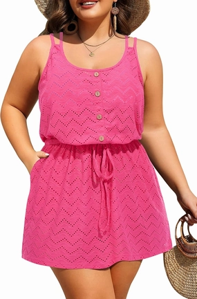 Yonique Plus Size Swimsuit Cover Up - Hollow Out Button Down Beach Coverups Spaghetti Strap Bathing Suit 2025 Summer Dress