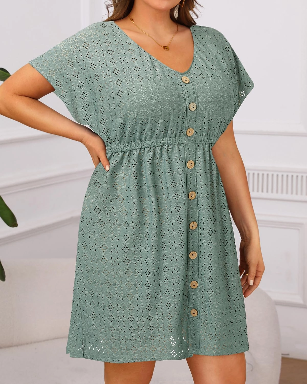 Yonique Plus Size Swimsuit Cover Up Women - Button Down Bathing Suit Coverup 2025 V Neck Hollow Out Beach Dress Swimwear
