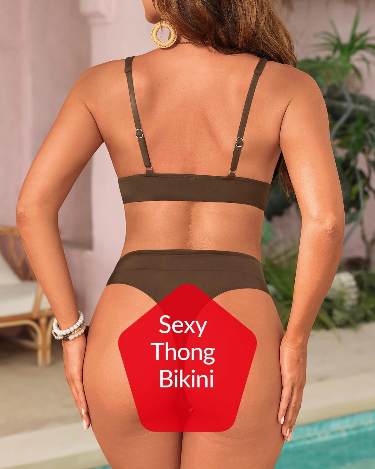 Yonique Thong Bikini Set High Waisted Two Piece Swimsuit High Cut Bikini V Neck Bathing Suit