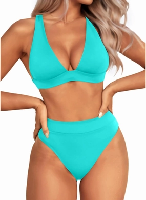 Yonique Thong Bikini Set High Waisted Two Piece Swimsuit High Cut Bikini V Neck Bathing Suit