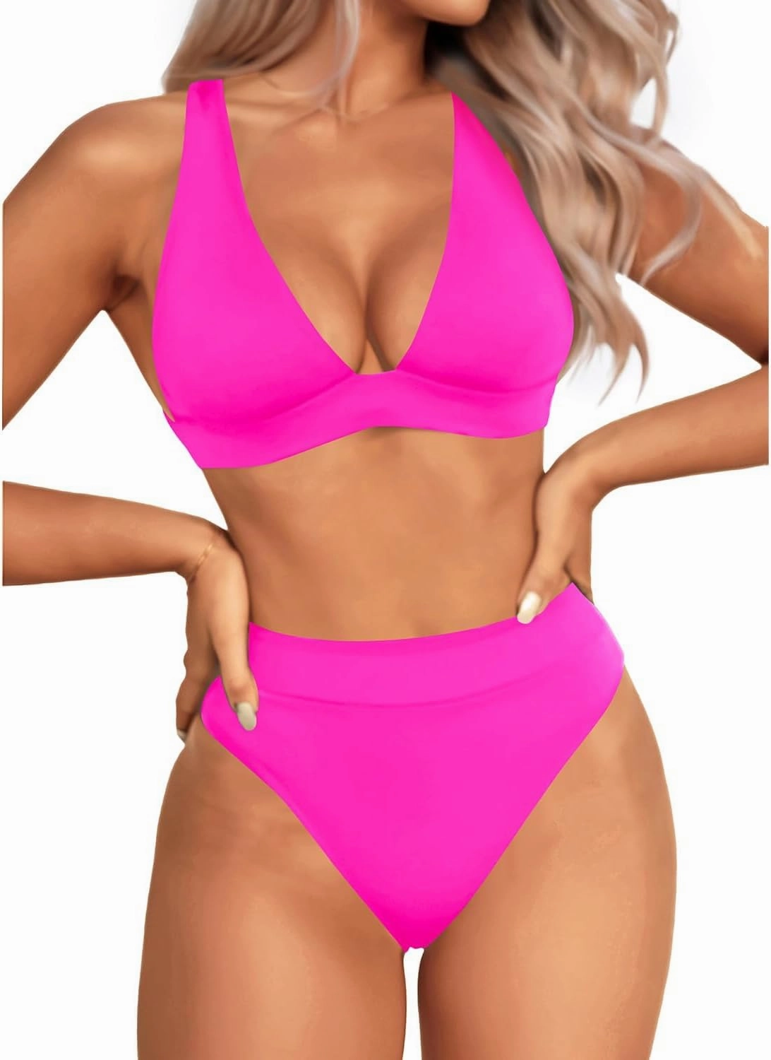 Yonique Thong Bikini Set High Waisted Two Piece Swimsuit High Cut Bikini V Neck Bathing Suit
