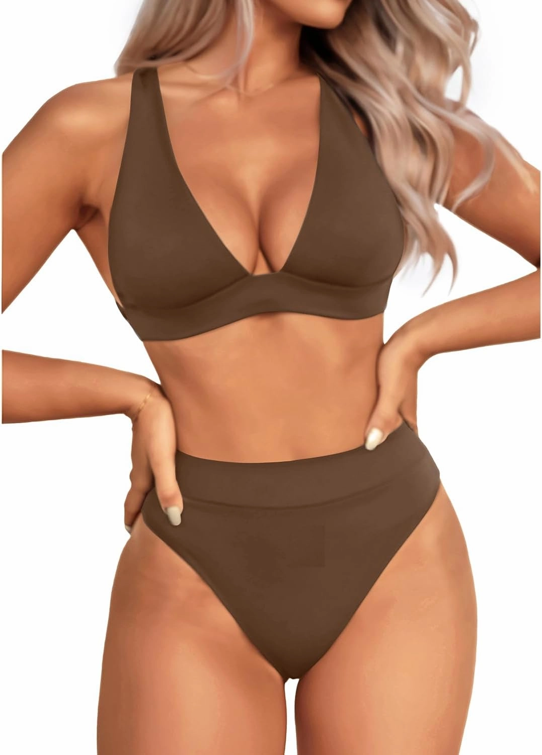 Yonique Thong Bikini Set High Waisted Two Piece Swimsuit High Cut Bikini V Neck Bathing Suit