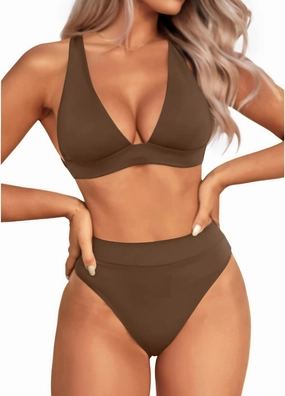 Yonique Thong Bikini Set High Waisted Two Piece Swimsuit High Cut Bikini V Neck Bathing Suit