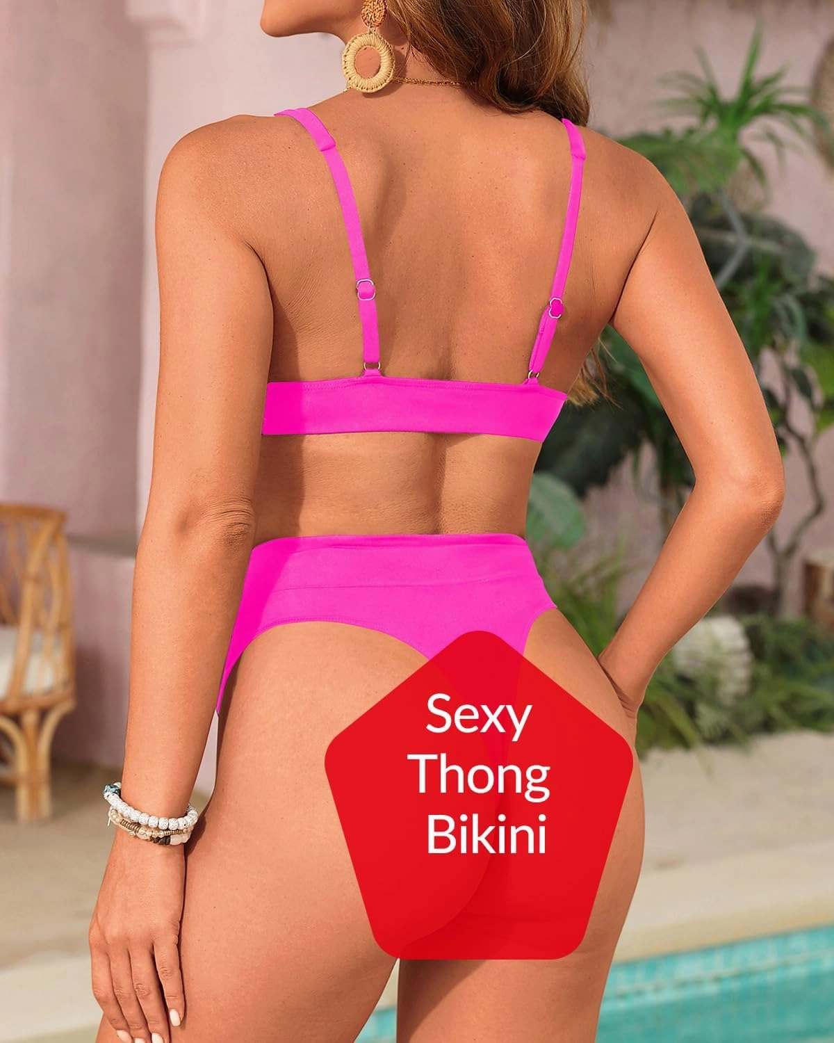 Yonique Thong Bikini Set High Waisted Two Piece Swimsuit High Cut Bikini V Neck Bathing Suit