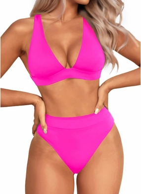 Yonique Thong Bikini Set High Waisted Two Piece Swimsuit High Cut Bikini V Neck Bathing Suit