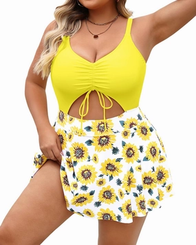 Yonique Women Plus Size One Piece Swimsuits with Skirt V Neck Floral Printed Swimdress Cutout Bathing Suits