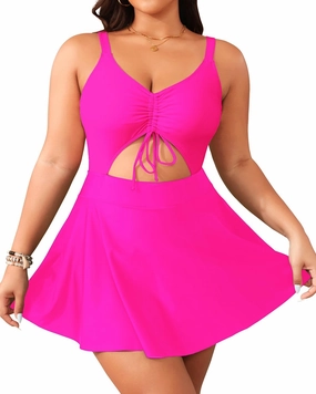 Yonique Women Plus Size One Piece Swimsuits with Skirt V Neck Floral Printed Swimdress Cutout Bathing Suits